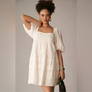 Anthropologie Square Neck Puff‎ Sleeve Tiered Mini Dress White XS